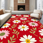 Whimsical Daisy Pattern on Red Rug