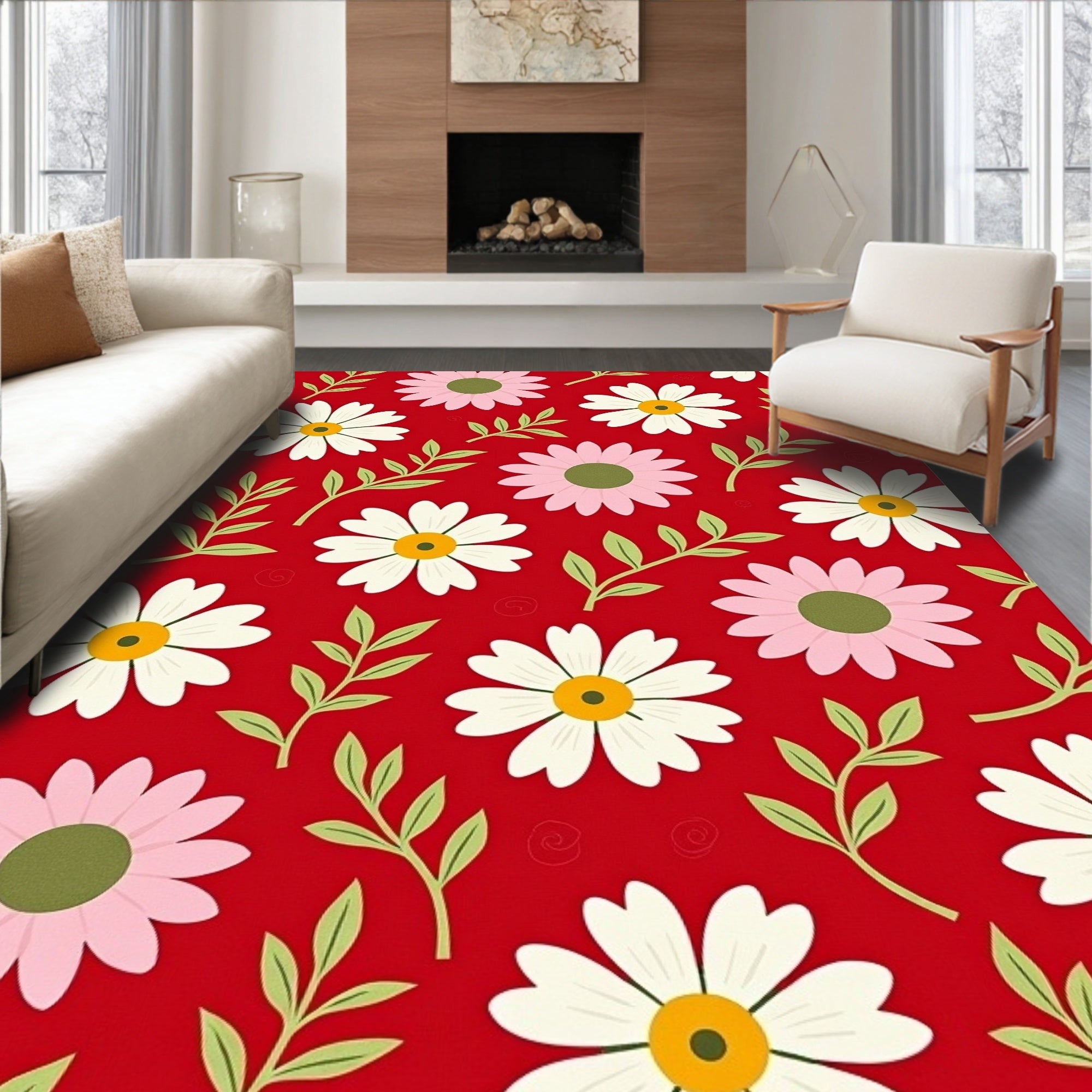 Whimsical Daisy Pattern on Red Rug
