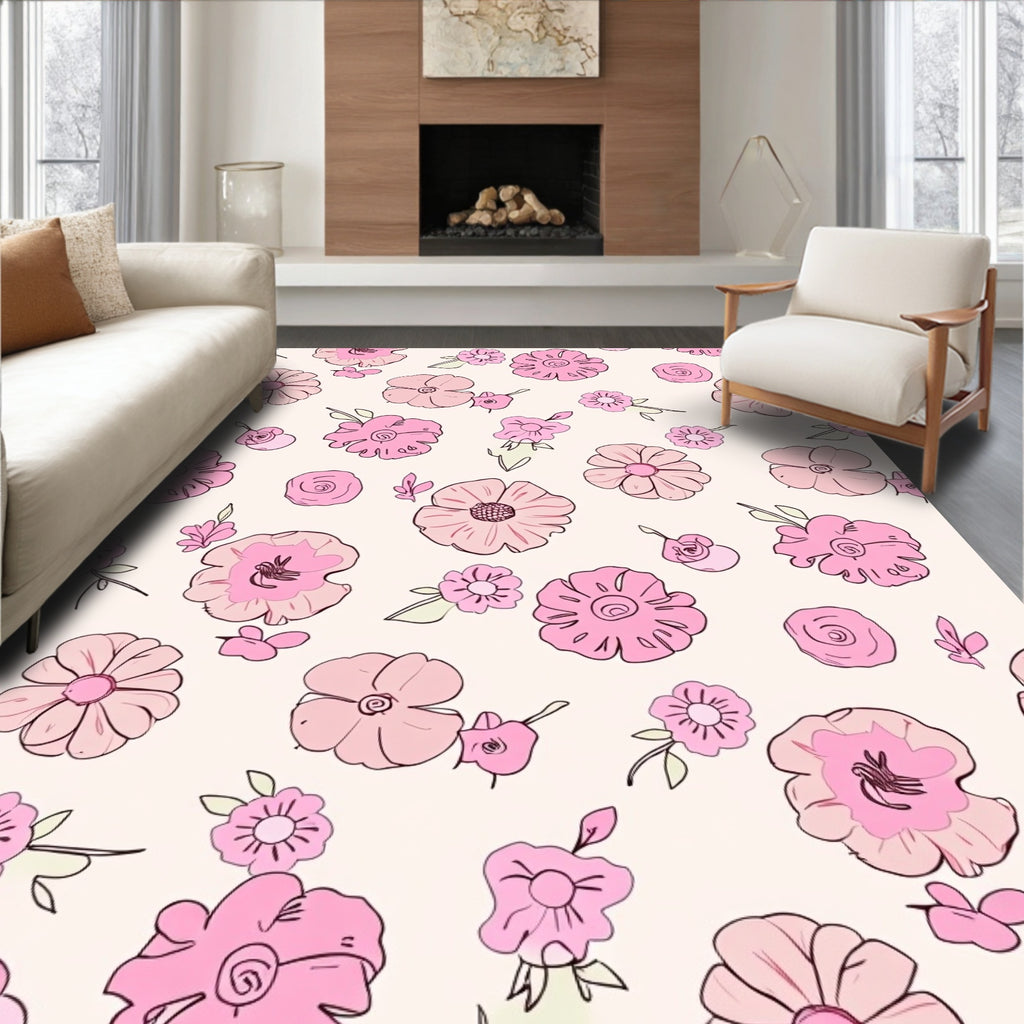 Pink Flower Pattern with Outline Rug
