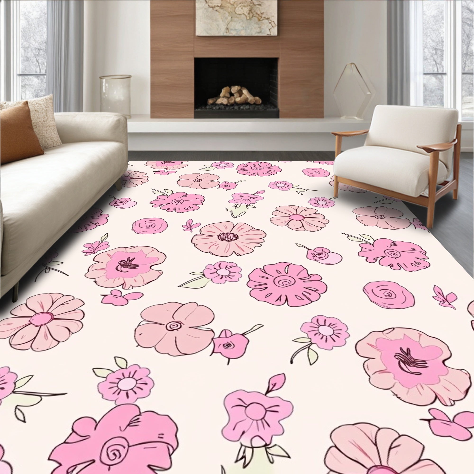 Pink Flower Pattern with Outline Rug