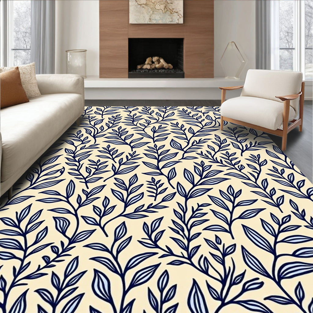 Botanical Branch Pattern With Blue Design Rug
