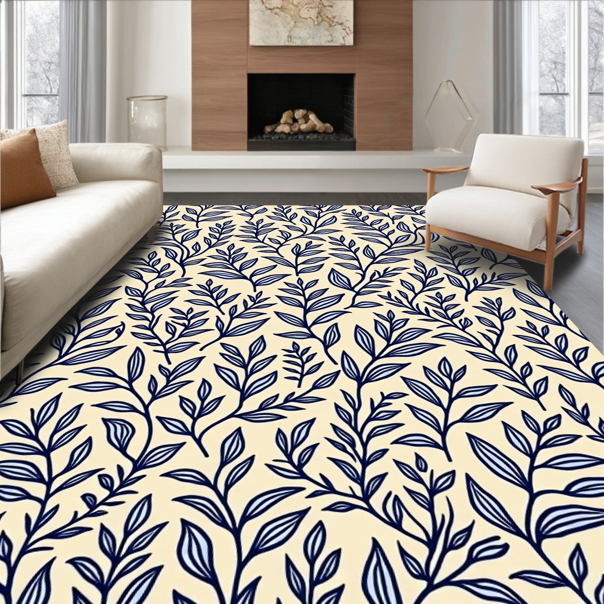 Botanical Branch Pattern With Blue Design Rug
