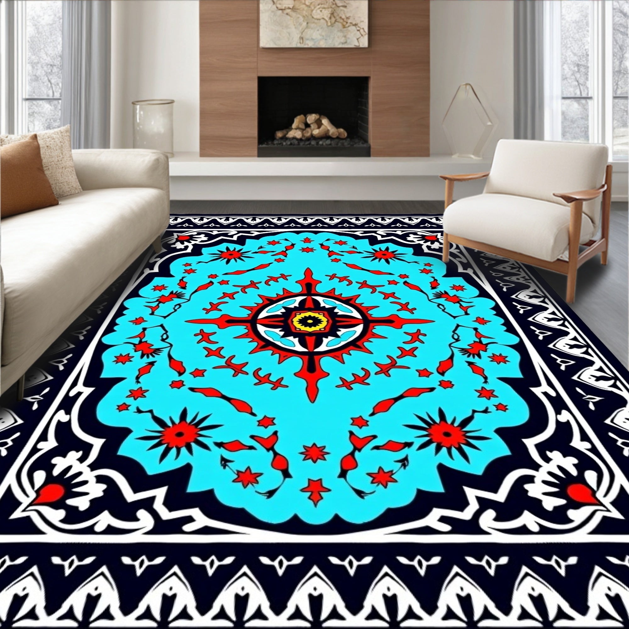 Bold Geometric Mandala Floral Design Rug