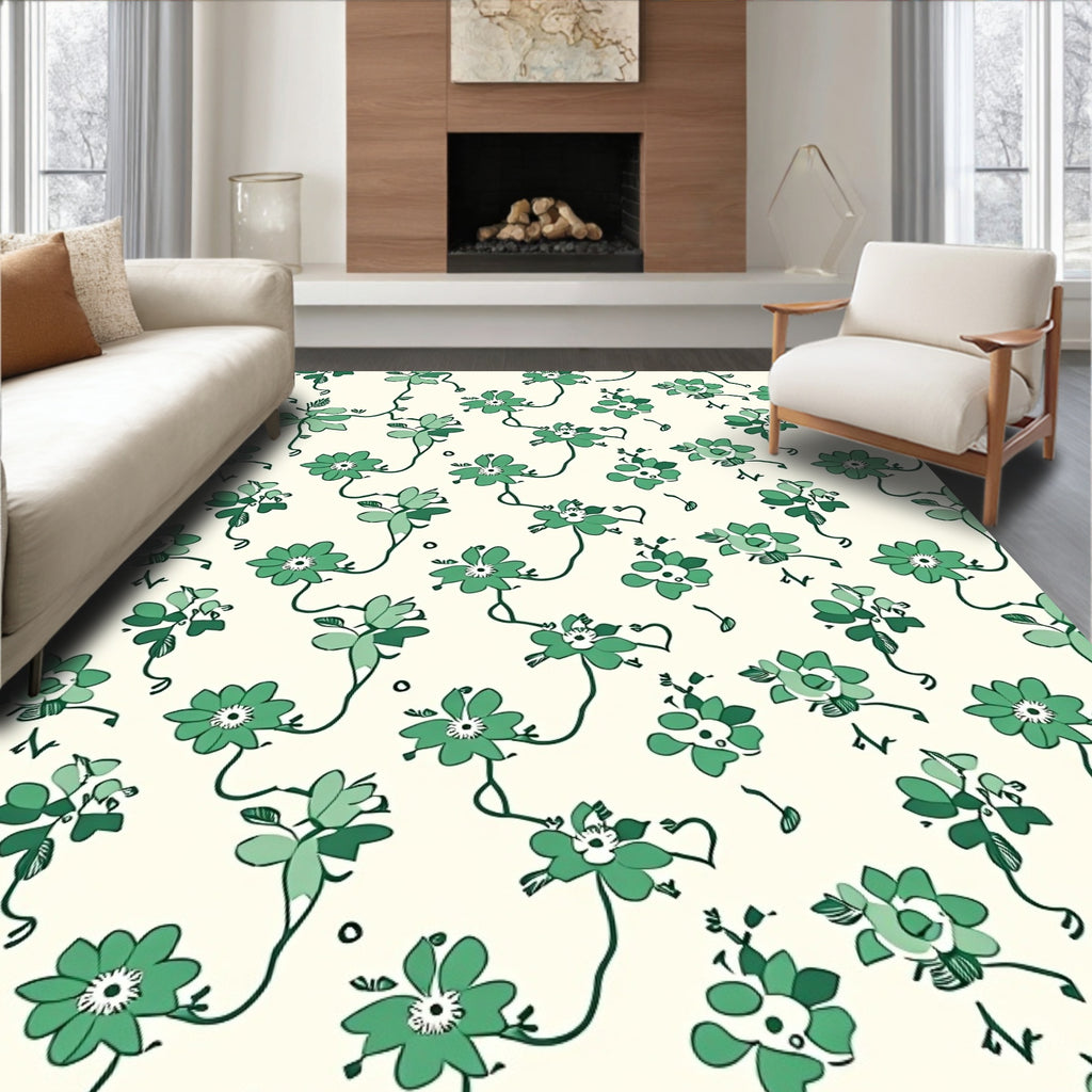 Whimsical Green Floral Vine Pattern Rug