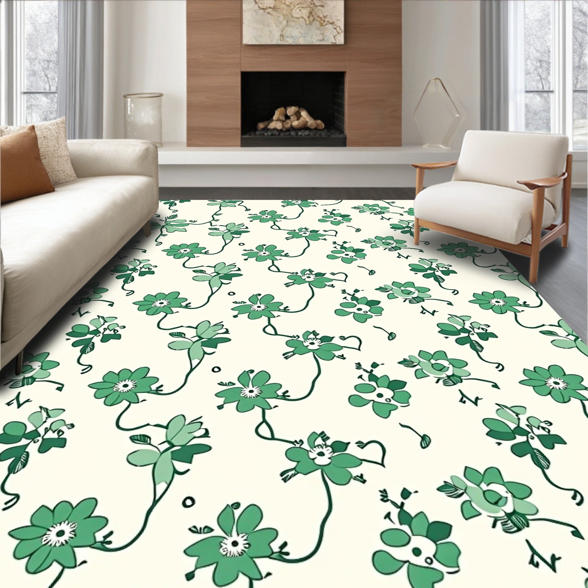 Whimsical Green Floral Vine Pattern Rug