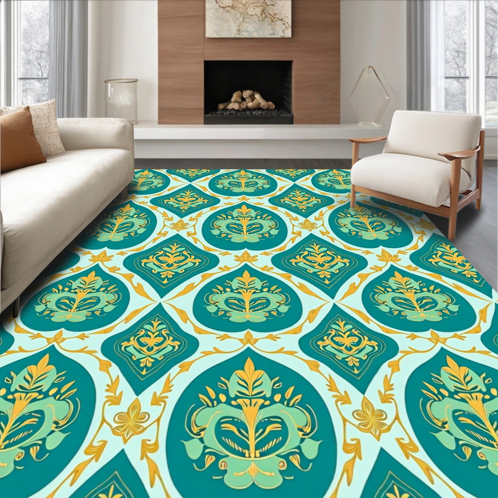 Teal Swirl Floral Ornament Rug