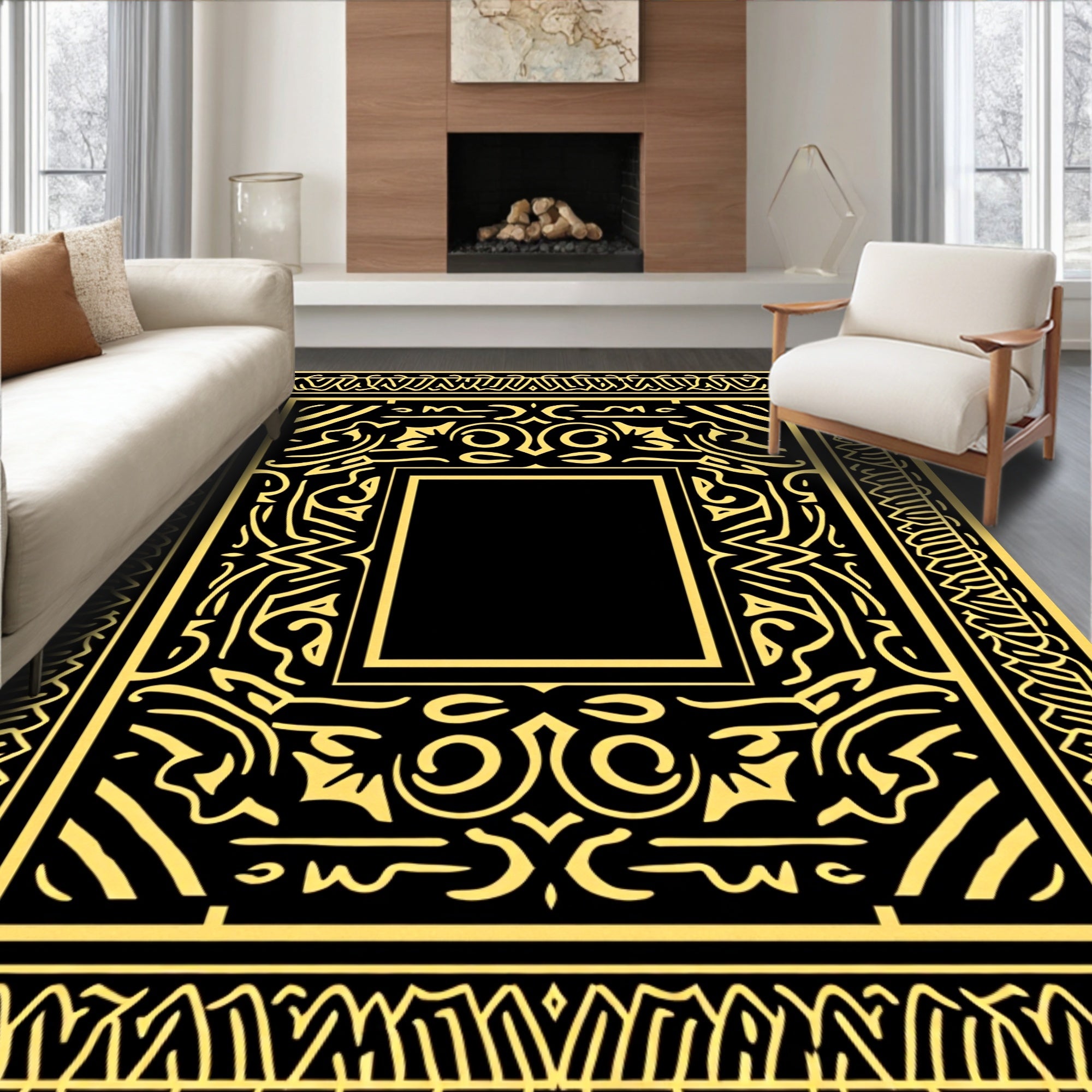Black Gold Ornate Frame Pattern Rug