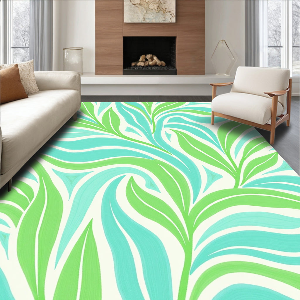 Aqua Green Swirl Leaf Pattern Rug