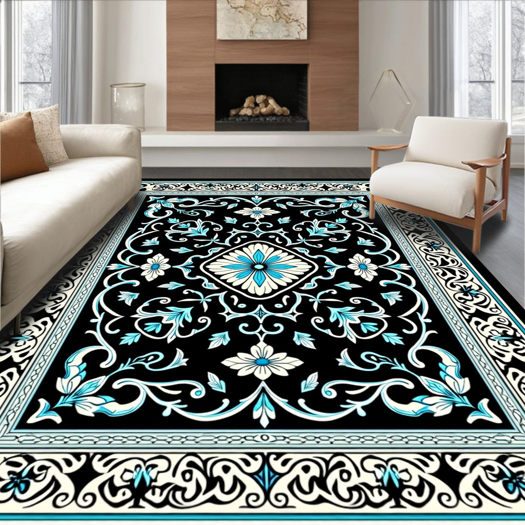 Black Teal Floral Scrollwork Design Rug