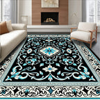 Black Teal Floral Scrollwork Design Rug