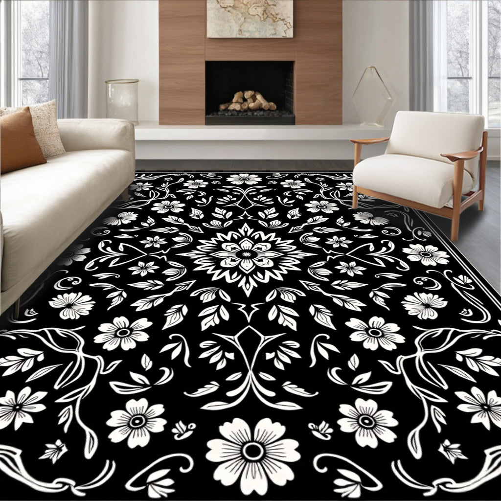 Classic Floral Vine Black White Pattern Rug