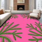 Vibrant Green Fern Fronds Pink Background Rug