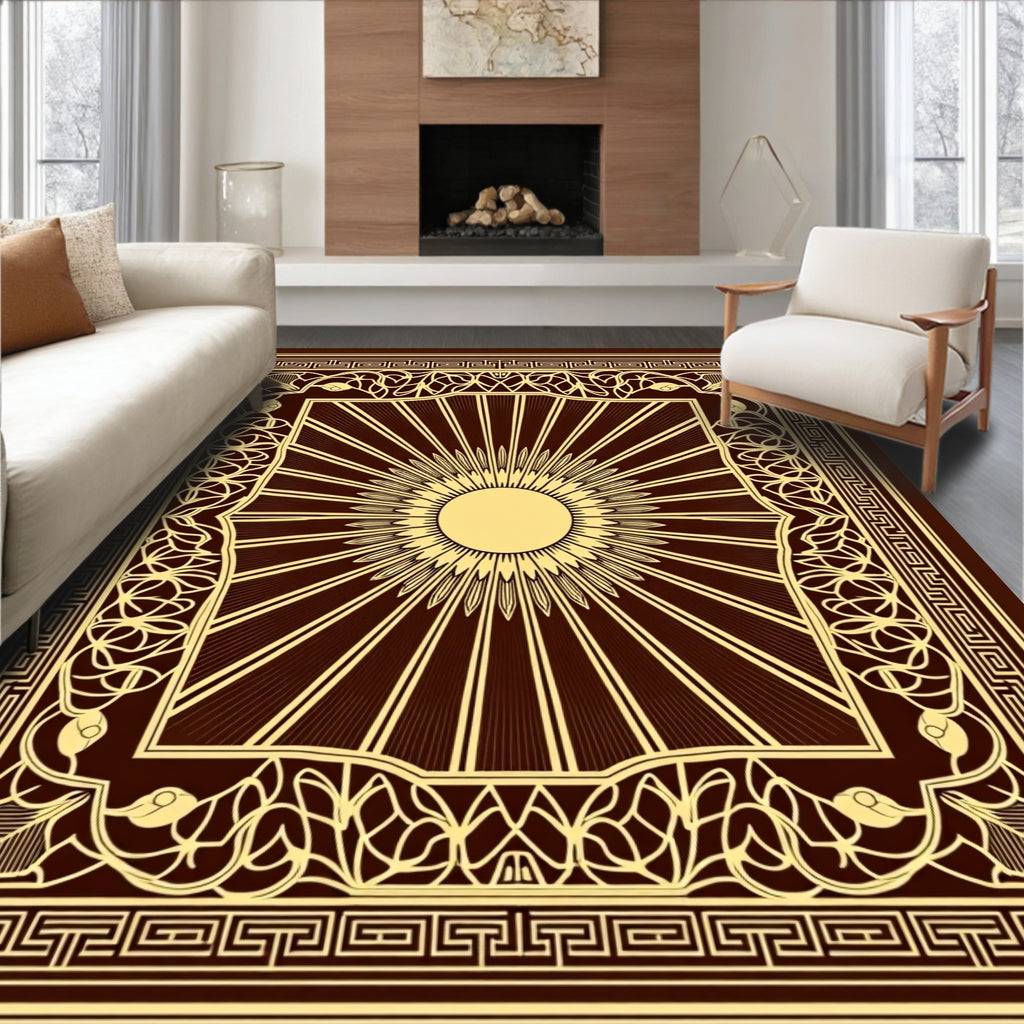 Radiant Sunburst With Geometric Border Design Rug