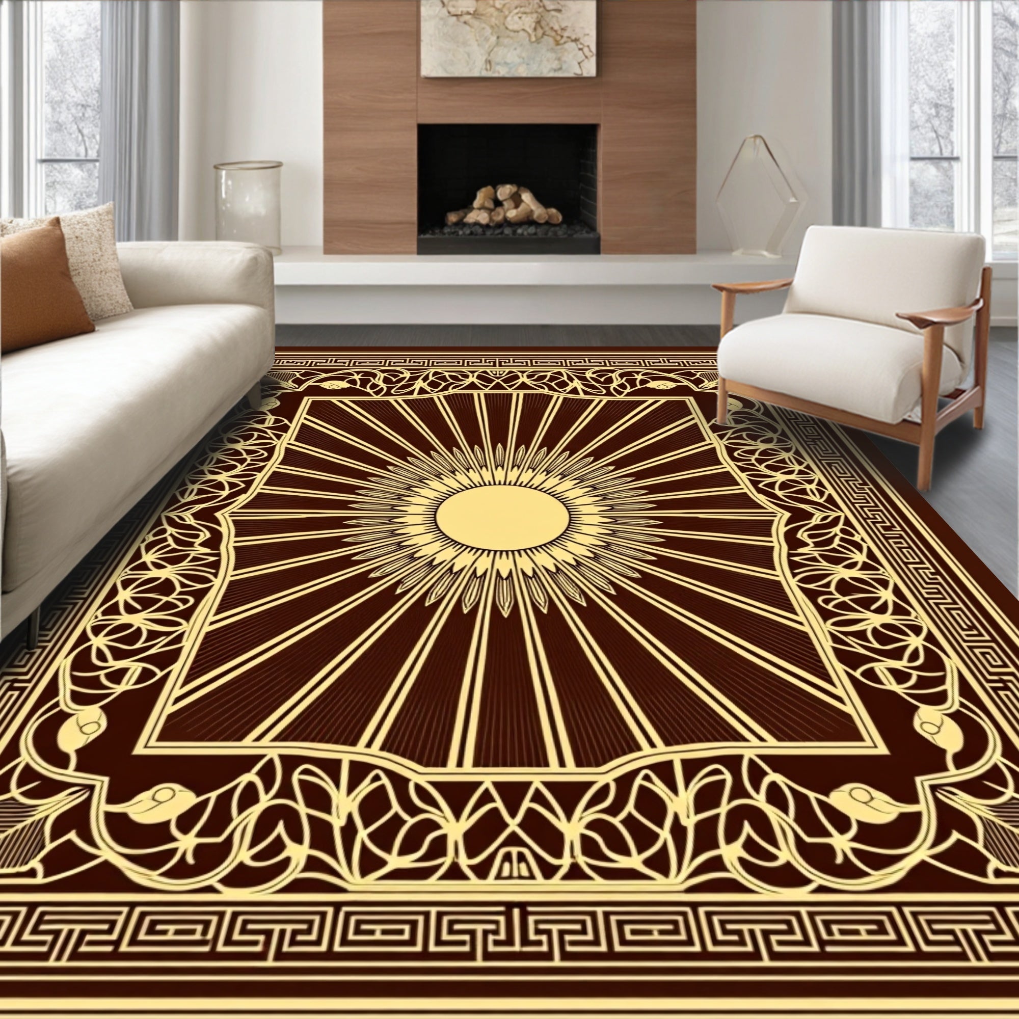 Radiant Sunburst With Geometric Border Design Rug
