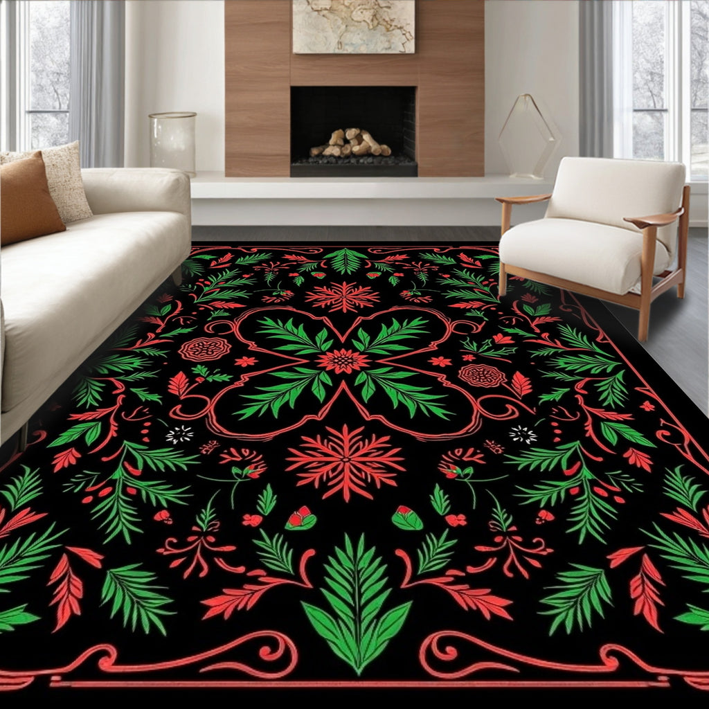 Crimson Green Foliage Swirl Rug