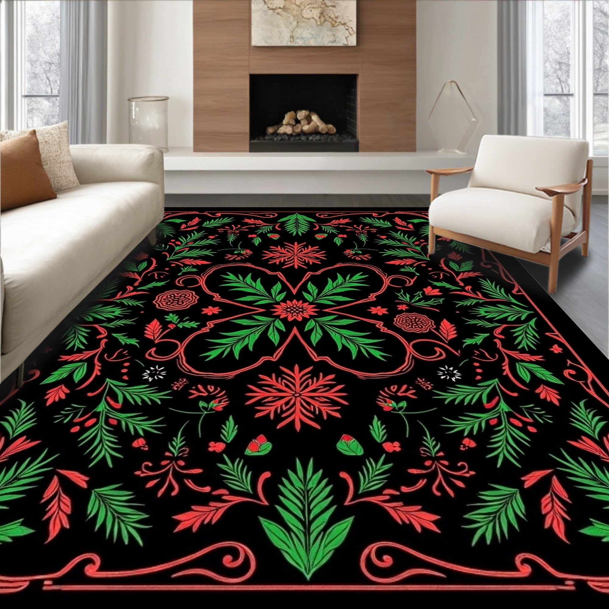 Crimson Green Foliage Swirl Rug