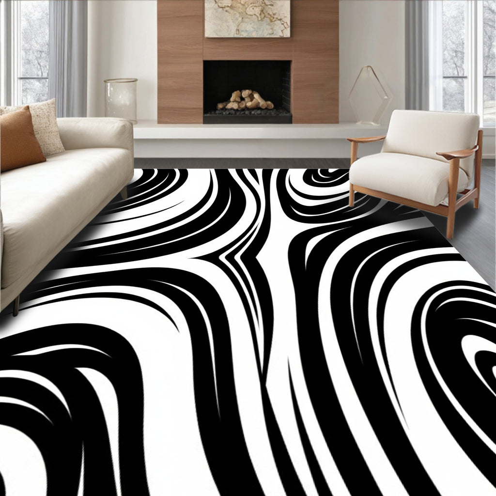 Dramatic Black White Swirl Pattern Rug