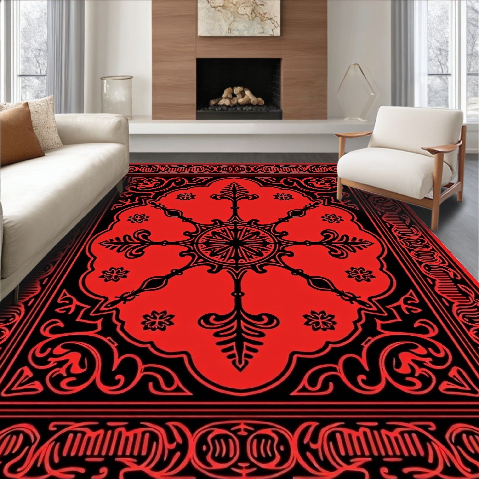 Red And Black Floral Medallion Rug