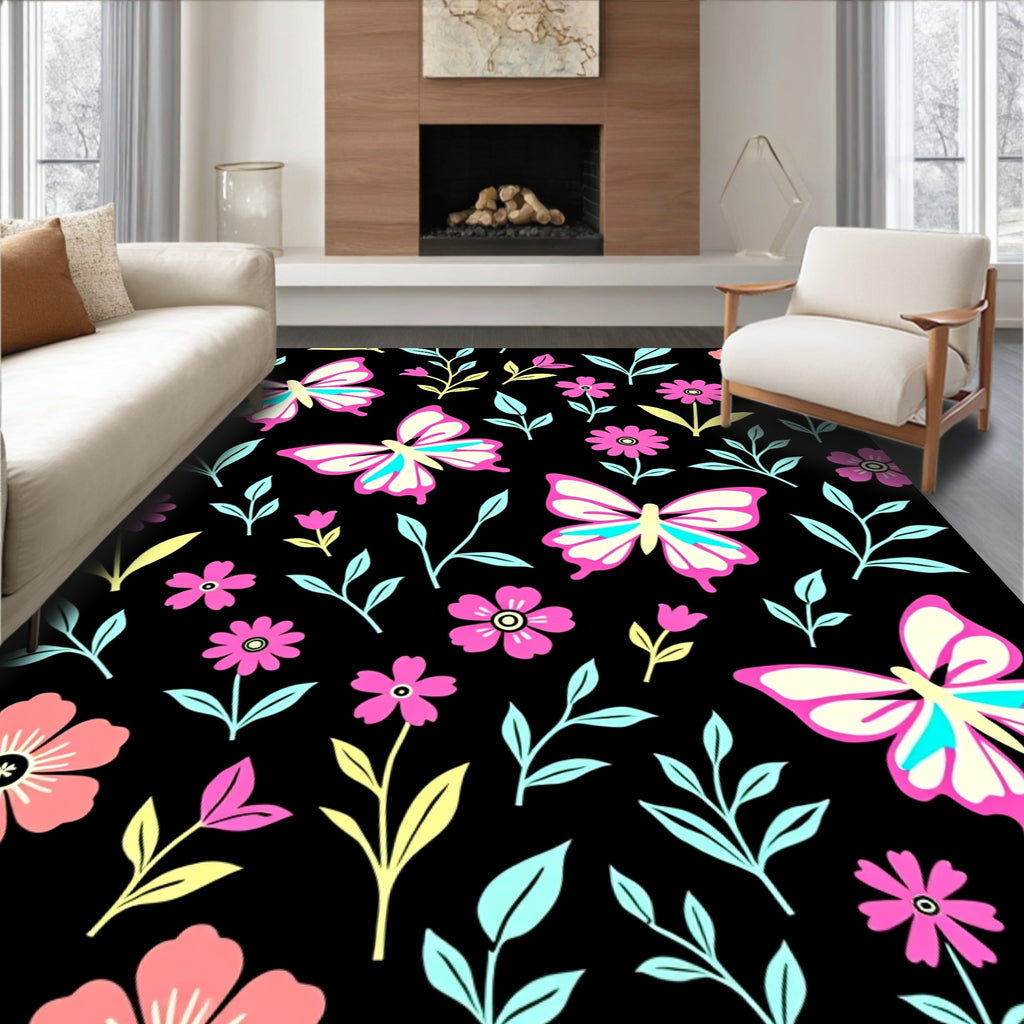 Pink Butterfly Floral Pattern Rug