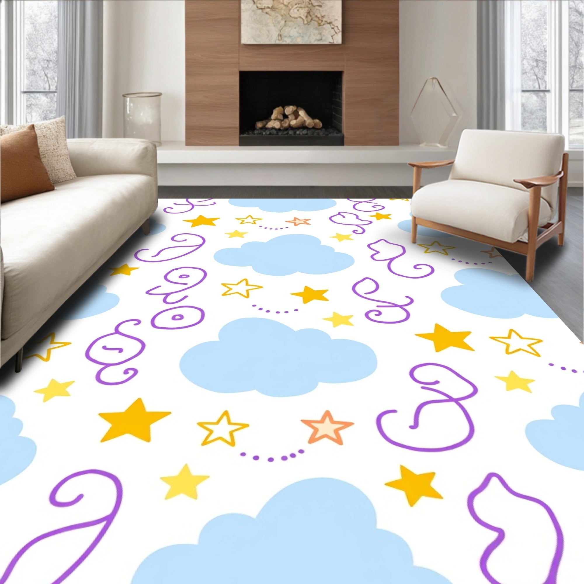 Playful Clouds And Stars Design Rug