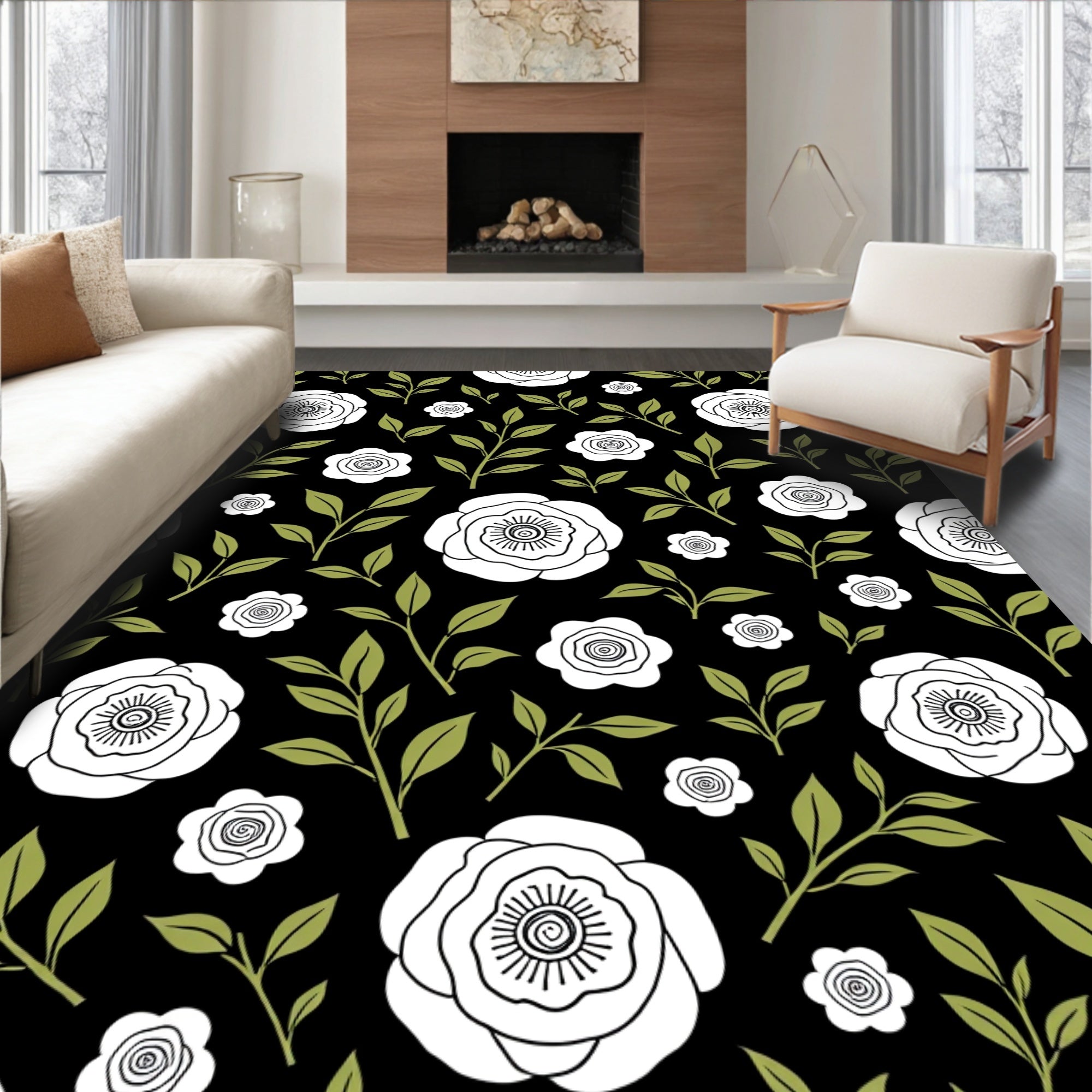 Black White Floral Branches Design Rug