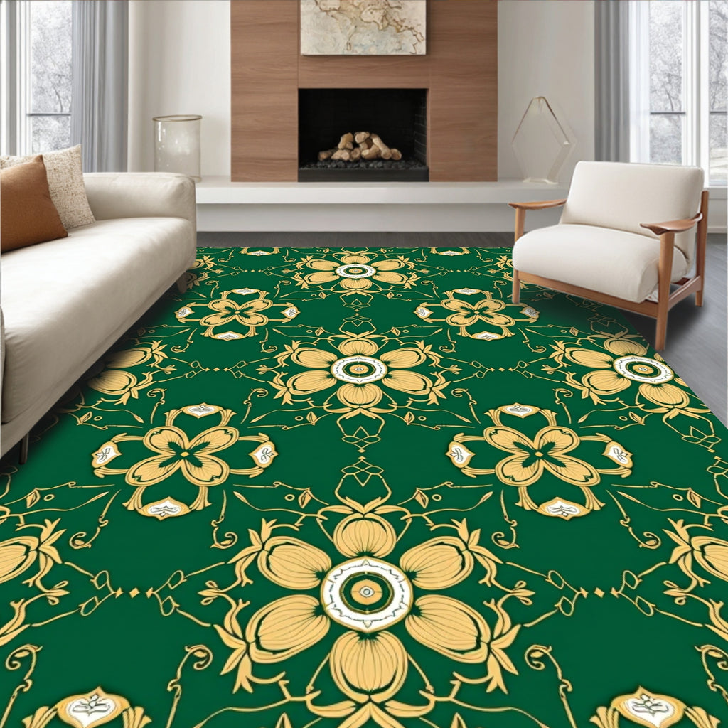 Ornate Floral Patterned Emerald Rug