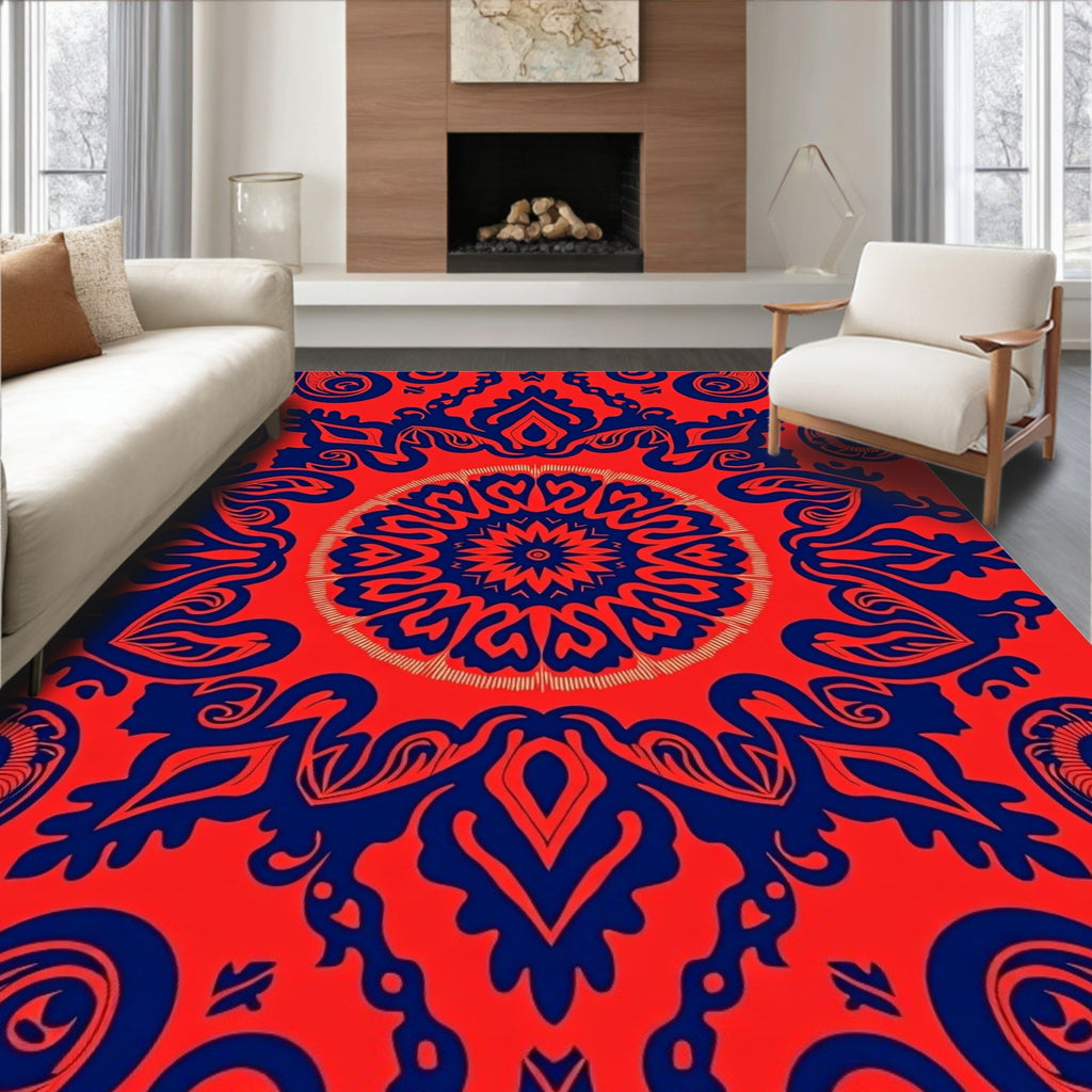 Ornate Red Blue Mandala Pattern Rug