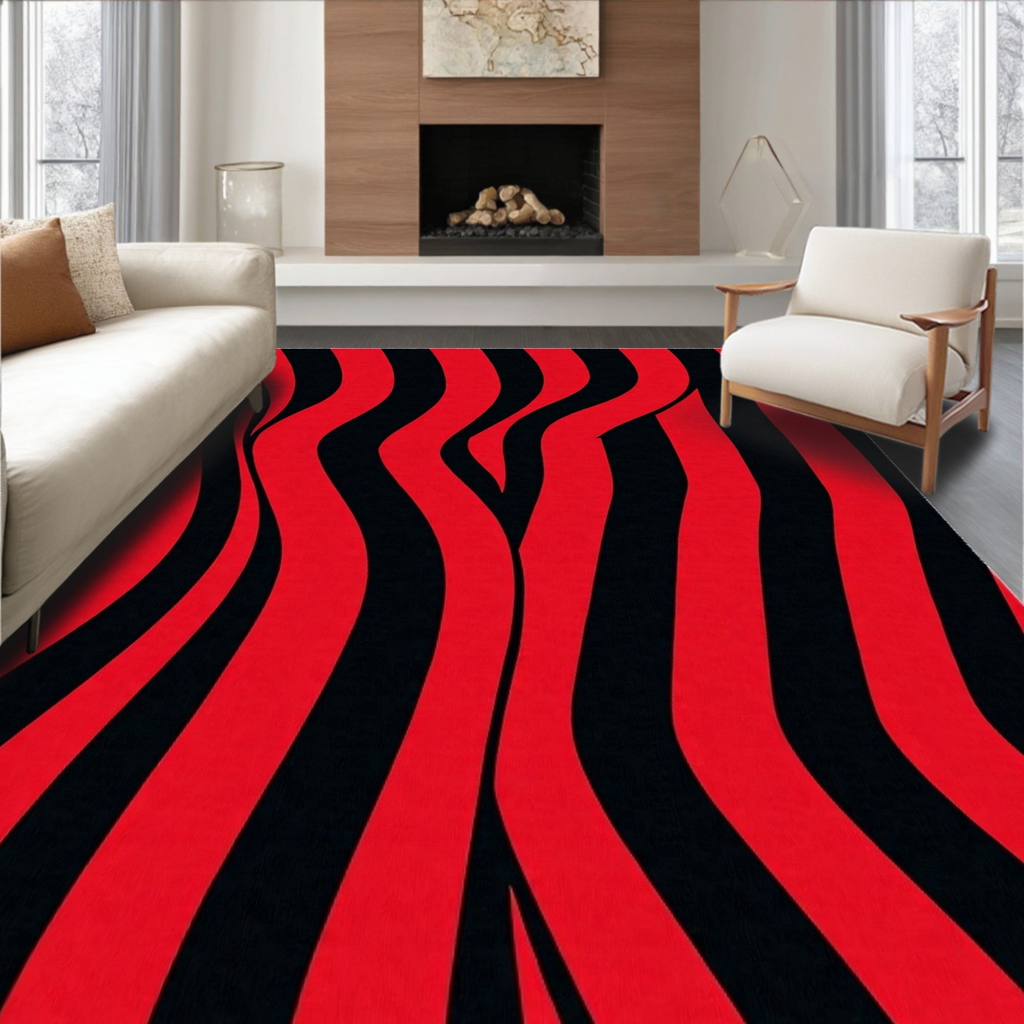 Bold Red Black Wavy Stripes Rug