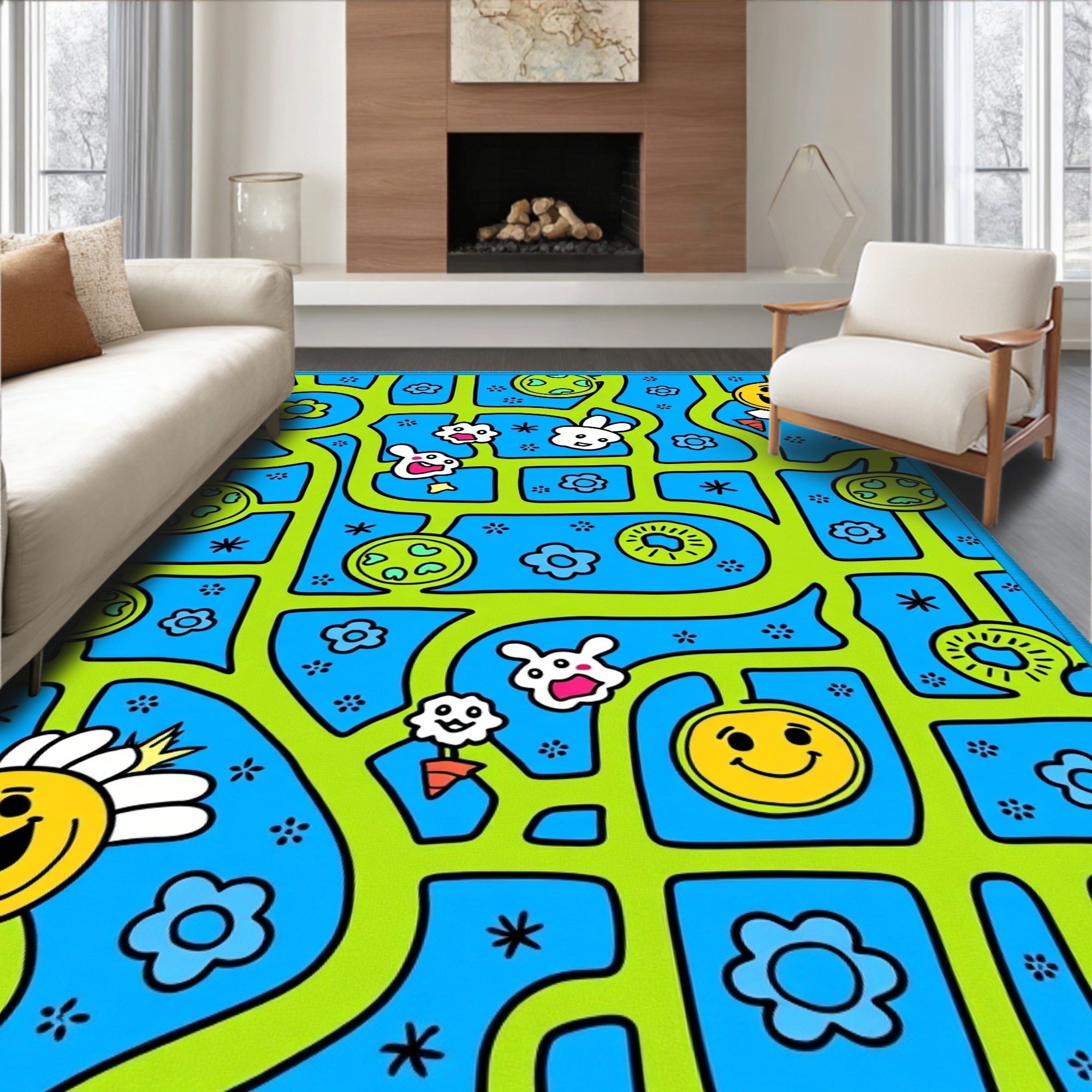 Whimsical Blue Green Smiley Face Garden Rug