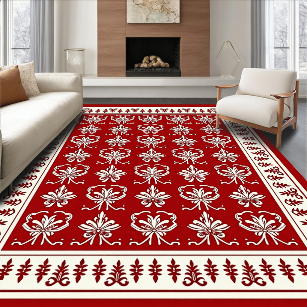 Elegant Red White Floral Pattern Rug