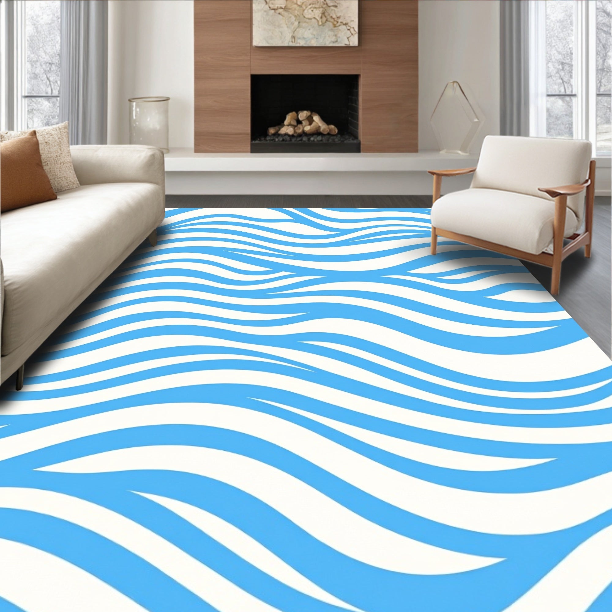 Blue White Wavy Stripes Pattern Rug