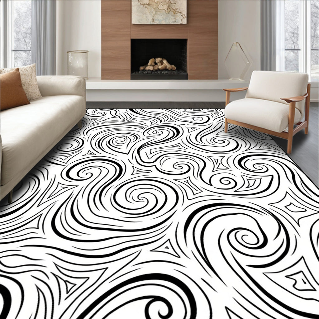 Abstract Swirl Triangle Black White Pattern Rug