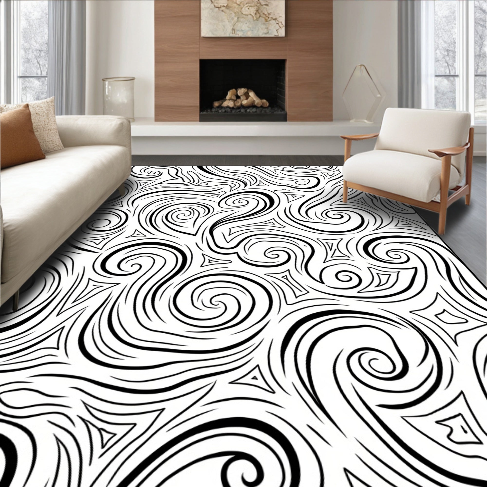 Abstract Swirl Triangle Black White Pattern Rug