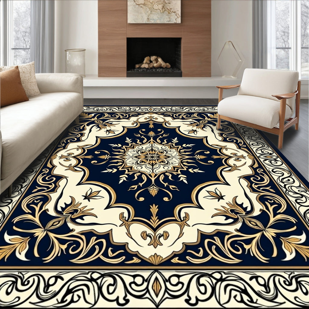 Elegant Dark Blue Gold Floral Medallion Rug