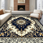 Elegant Dark Blue Gold Floral Medallion Rug