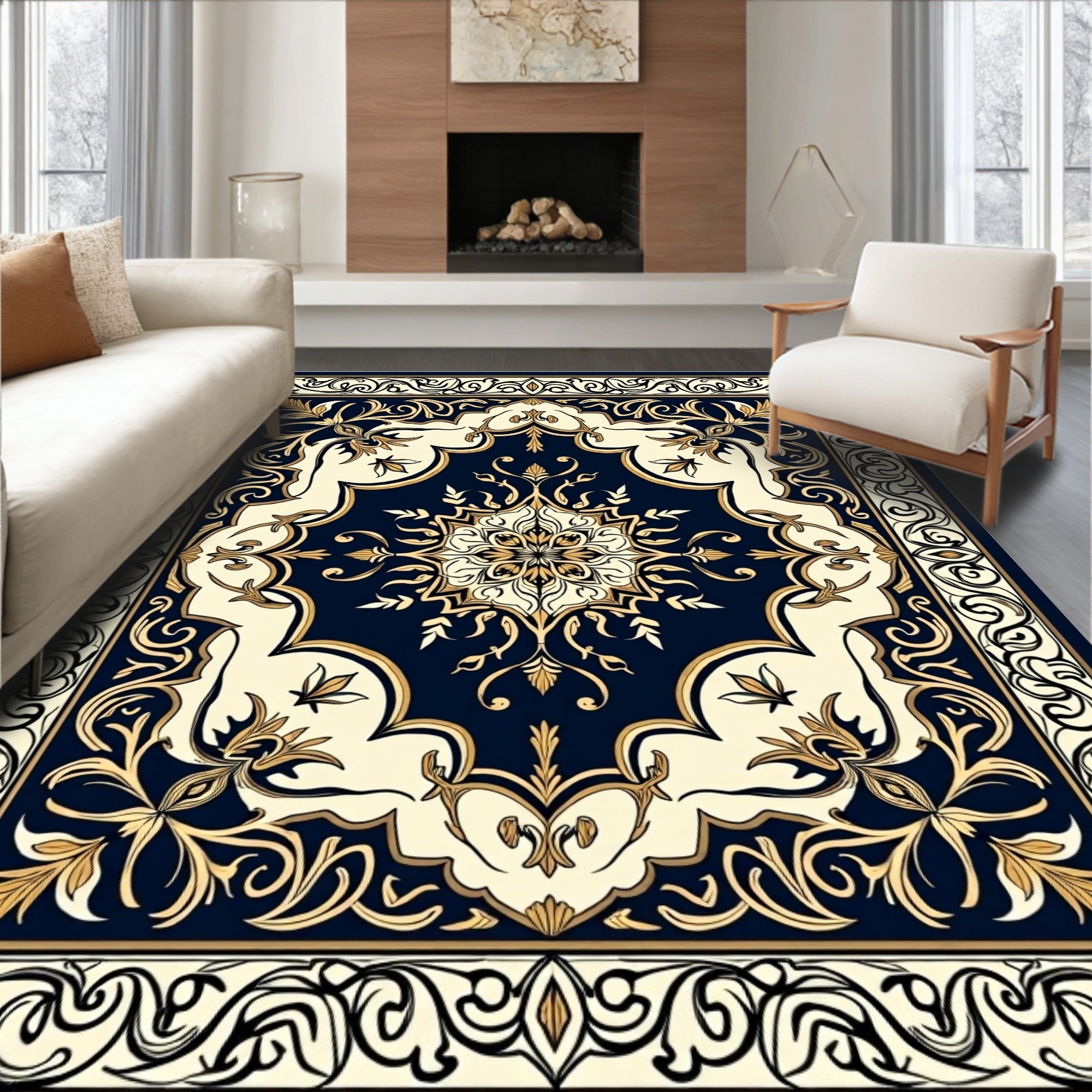 Elegant Dark Blue Gold Floral Medallion Rug