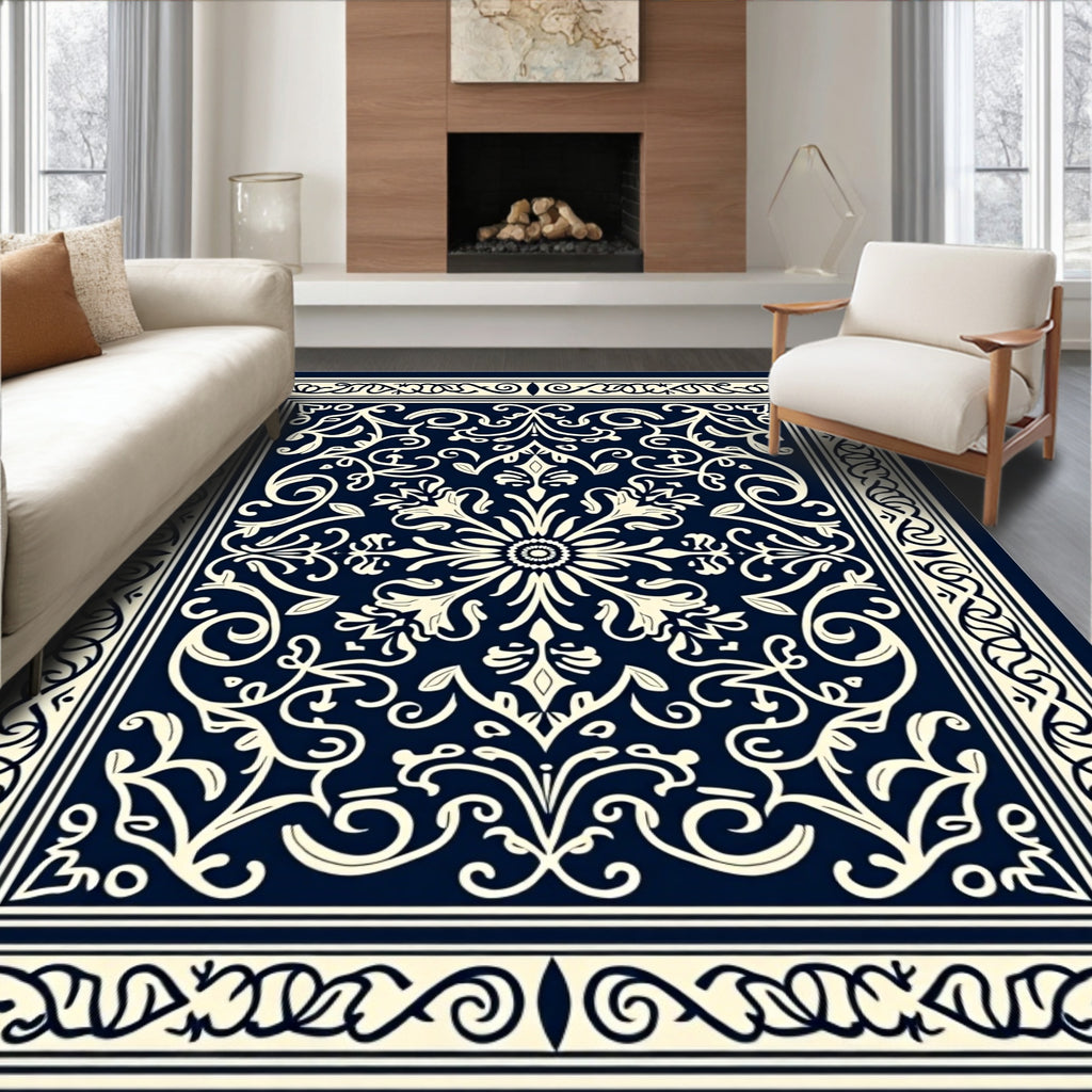 Deep Navy Cream Floral Scroll Design Rug
