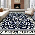 Deep Navy Cream Floral Scroll Design Rug