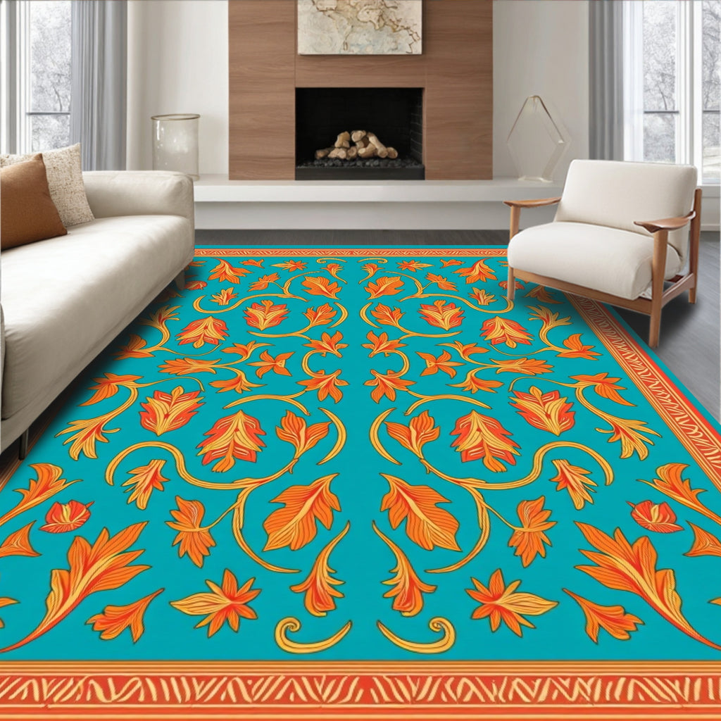 Turquoise Orange Floral Vine Design Rug