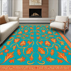 Turquoise Orange Floral Vine Design Rug