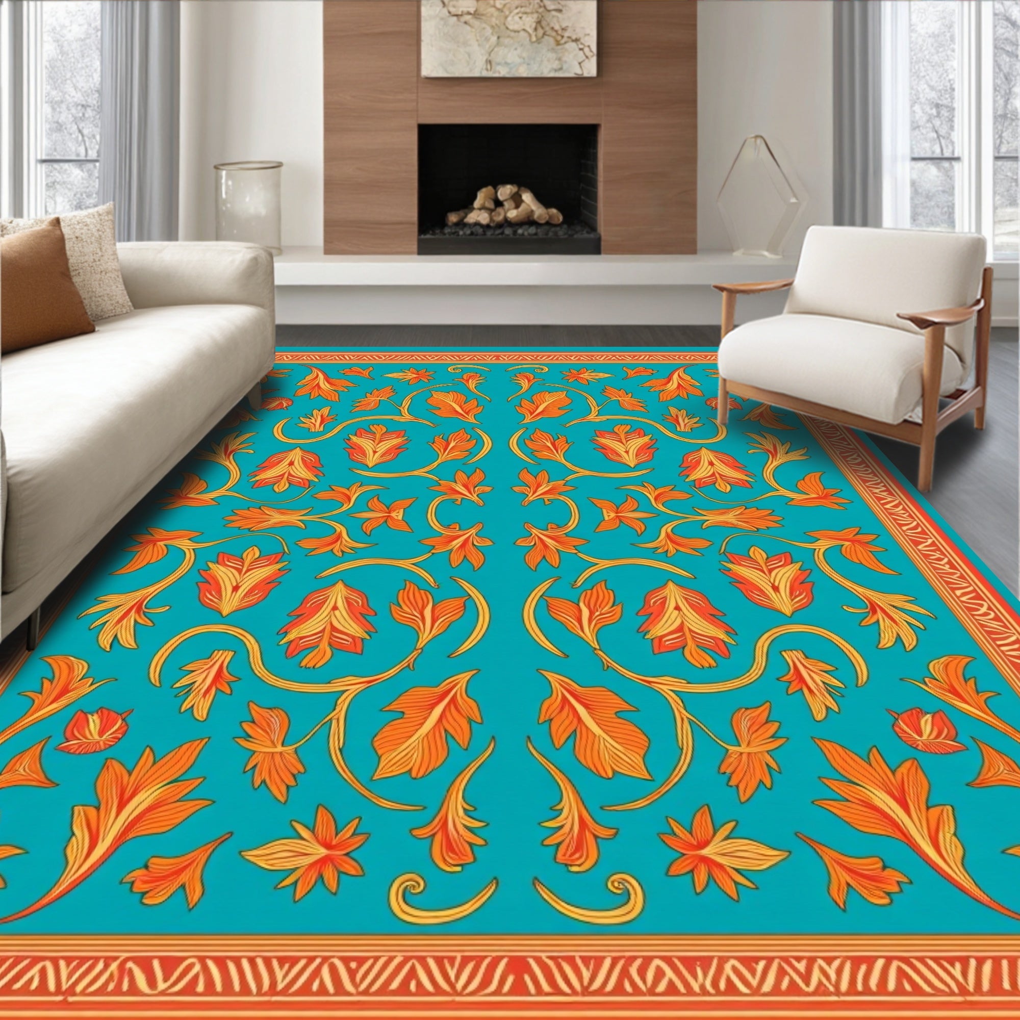 Turquoise Orange Floral Vine Design Rug