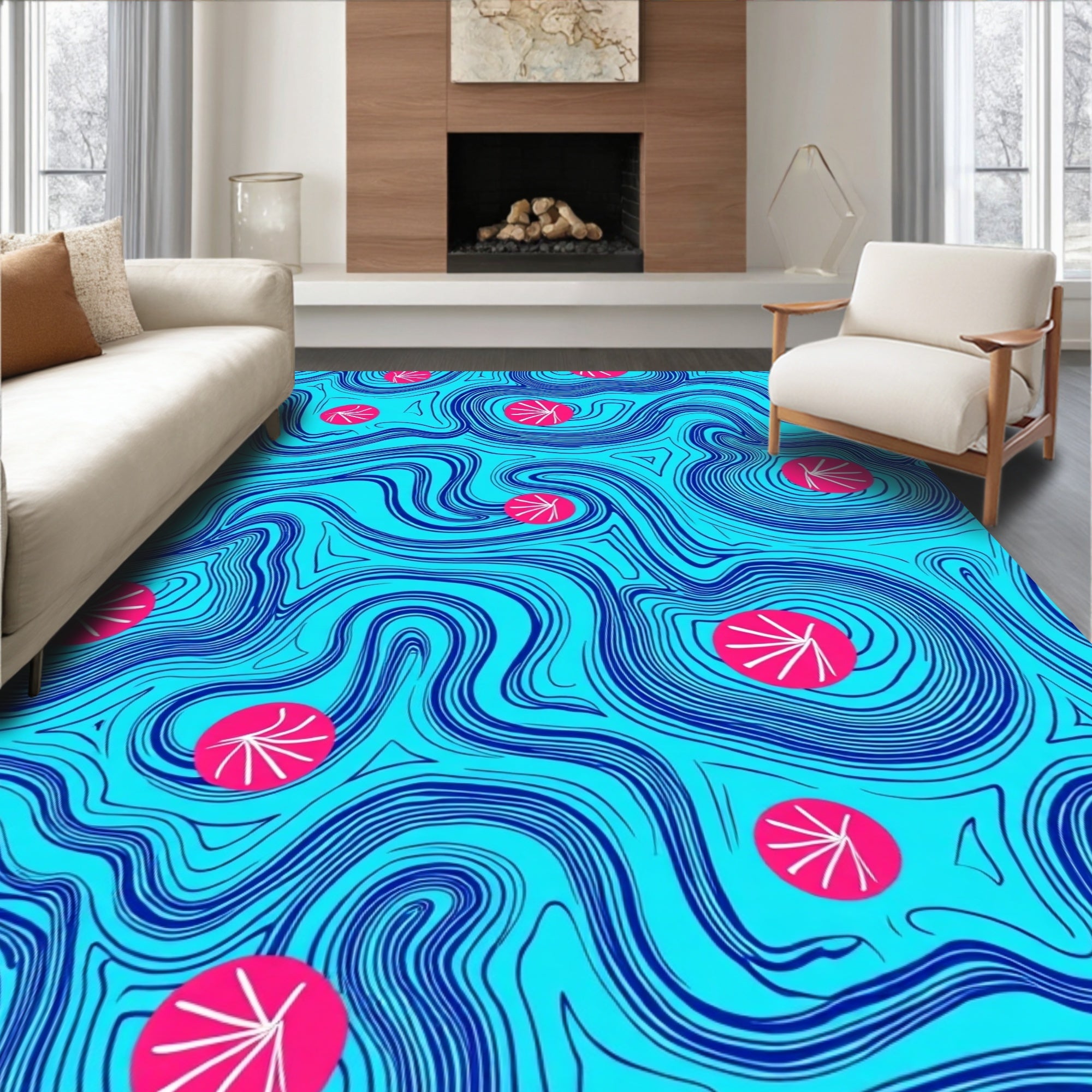 Abstract Blue Swirls With Pink Dots Rug