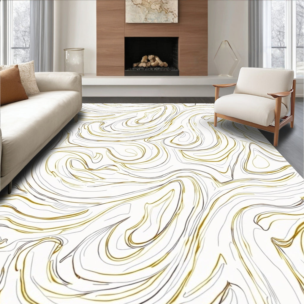 Abstract Swirl Gold and Grey Lines Rug
