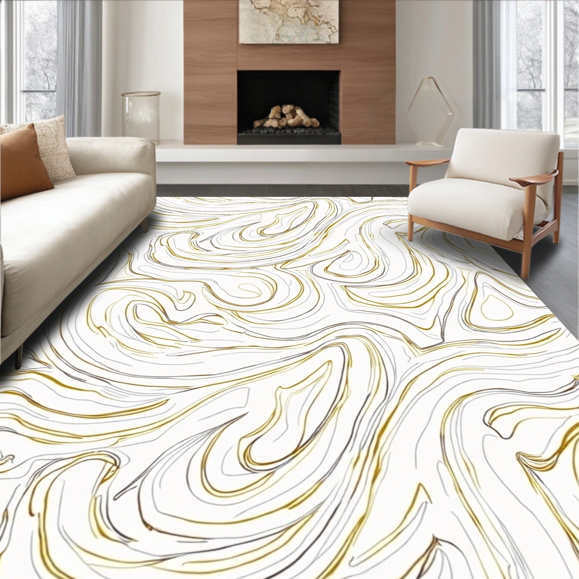 Abstract Swirl Gold and Grey Lines Rug