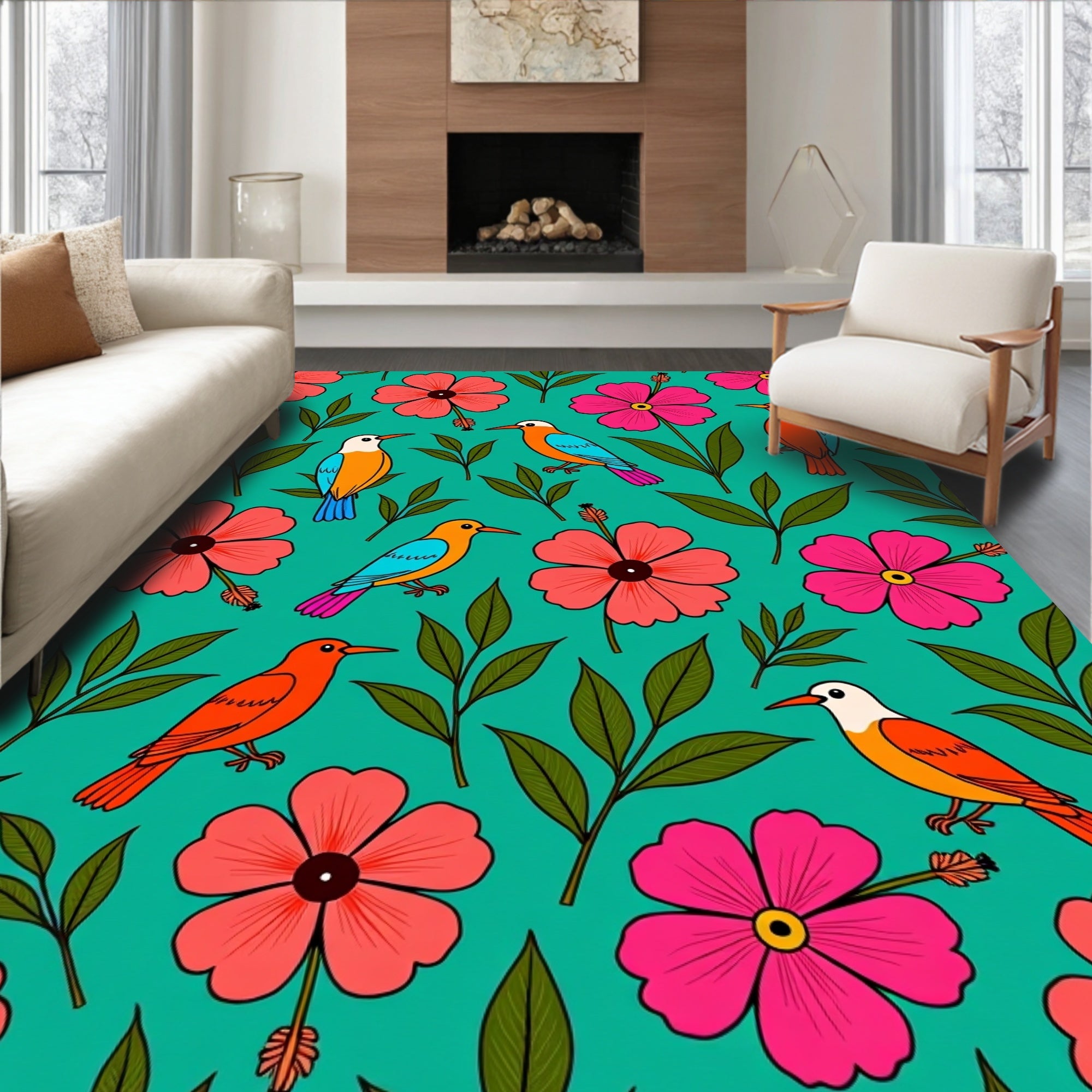 Vibrant Floral and Bird Motif Rug
