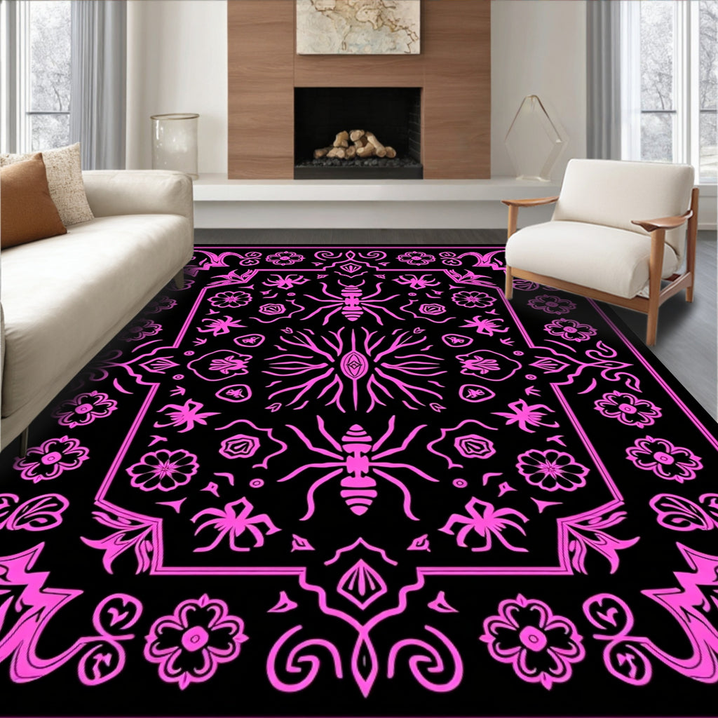 Hot Pink Insect Floral Frame Rug