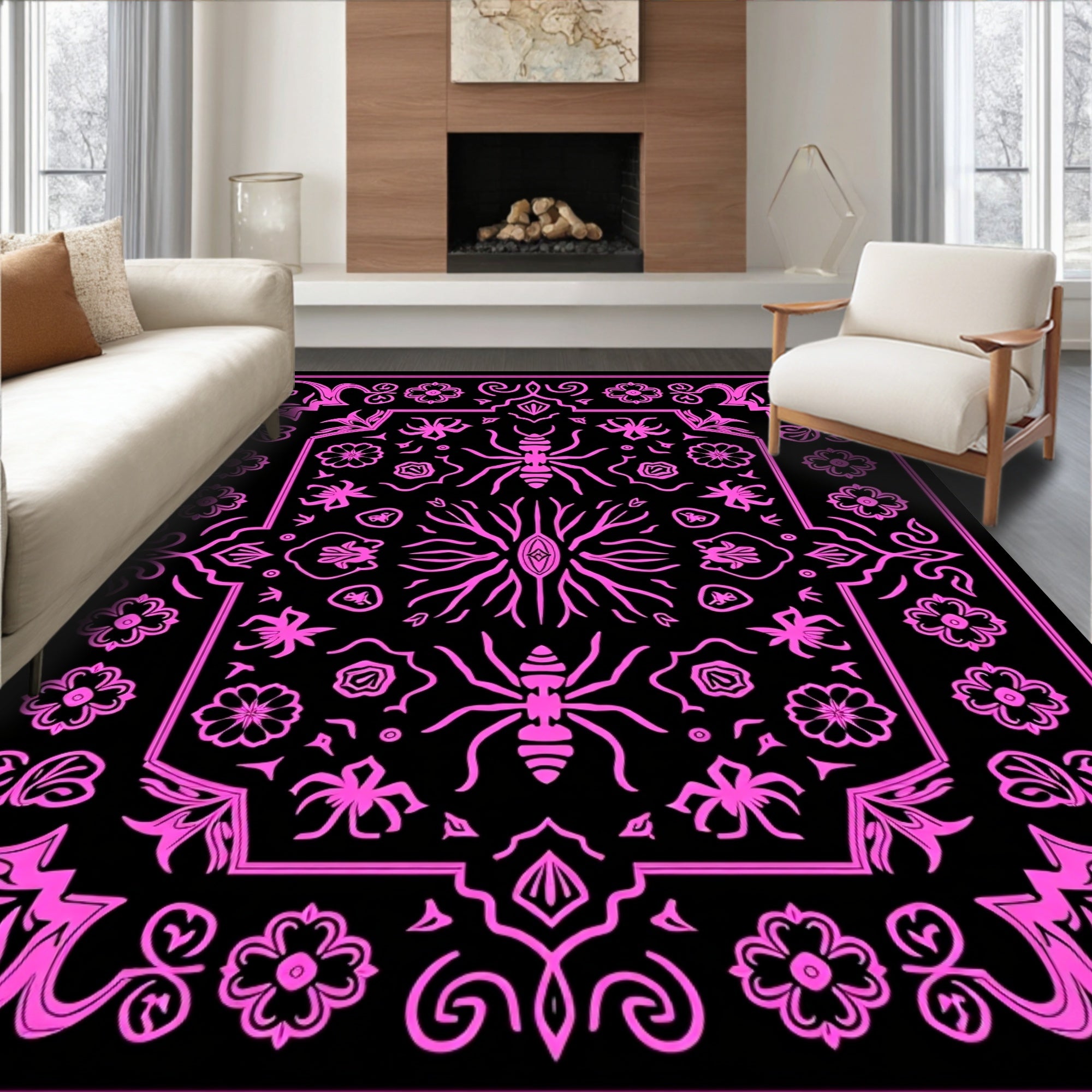 Hot Pink Insect Floral Frame Rug