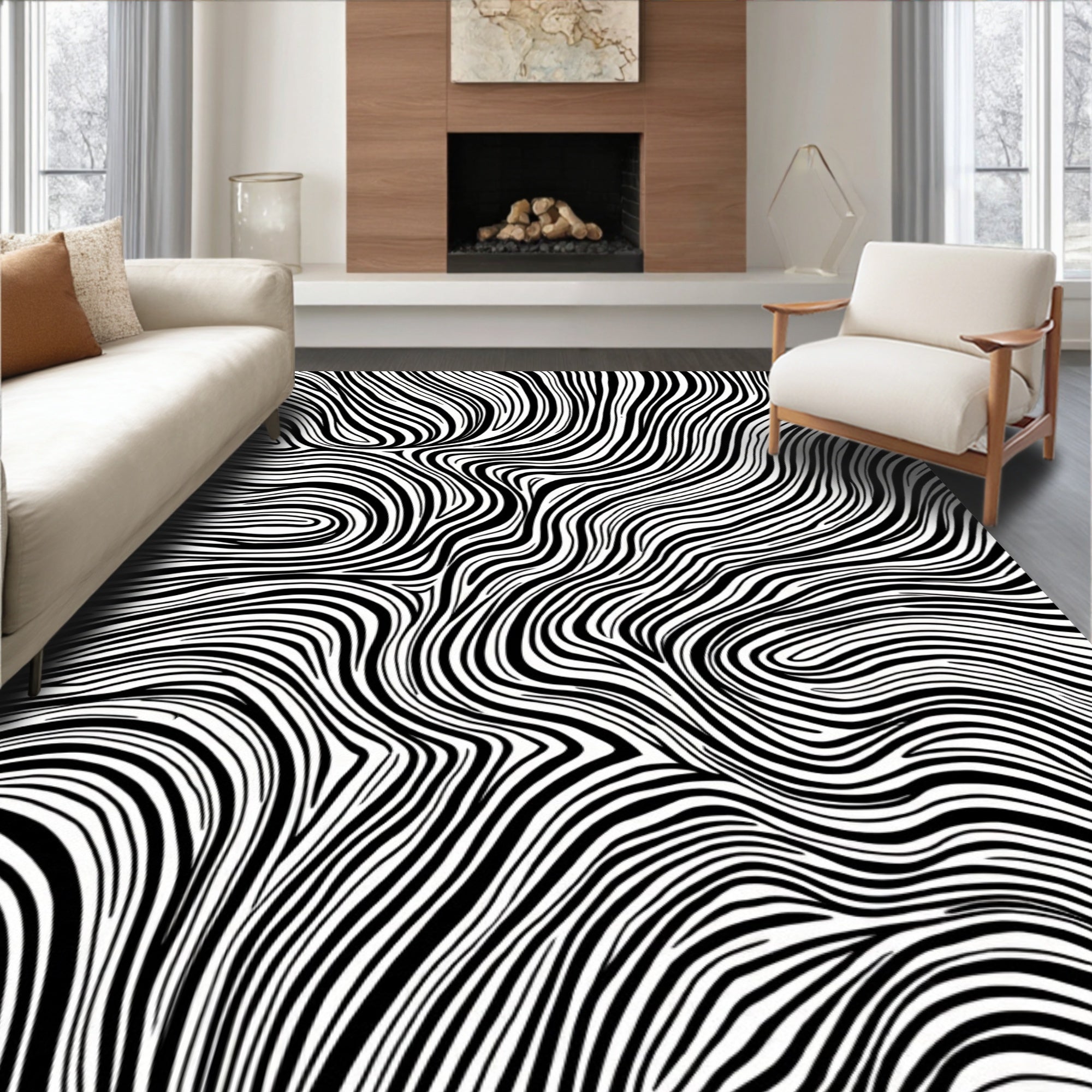 Abstract Wavy Black White Zebra Print Rug