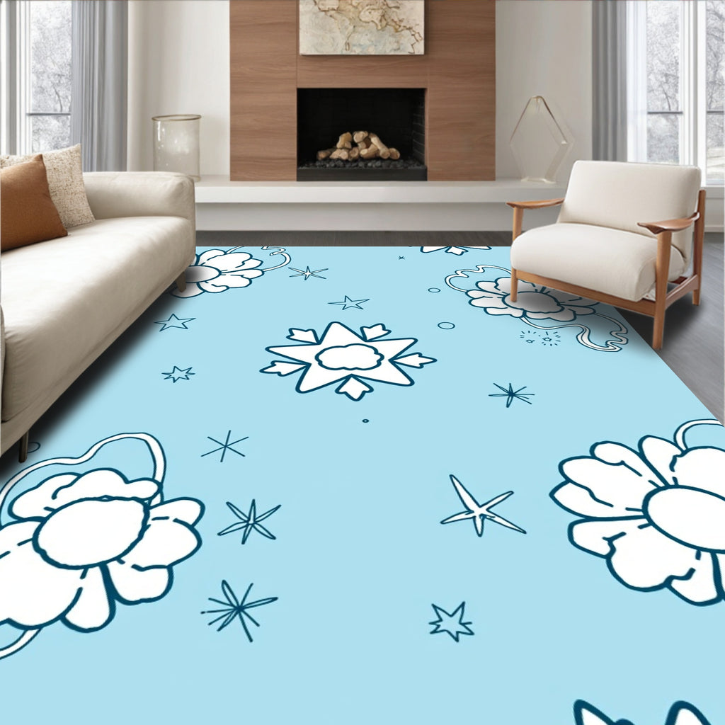 Whimsical White Floral Starry Sky Rug