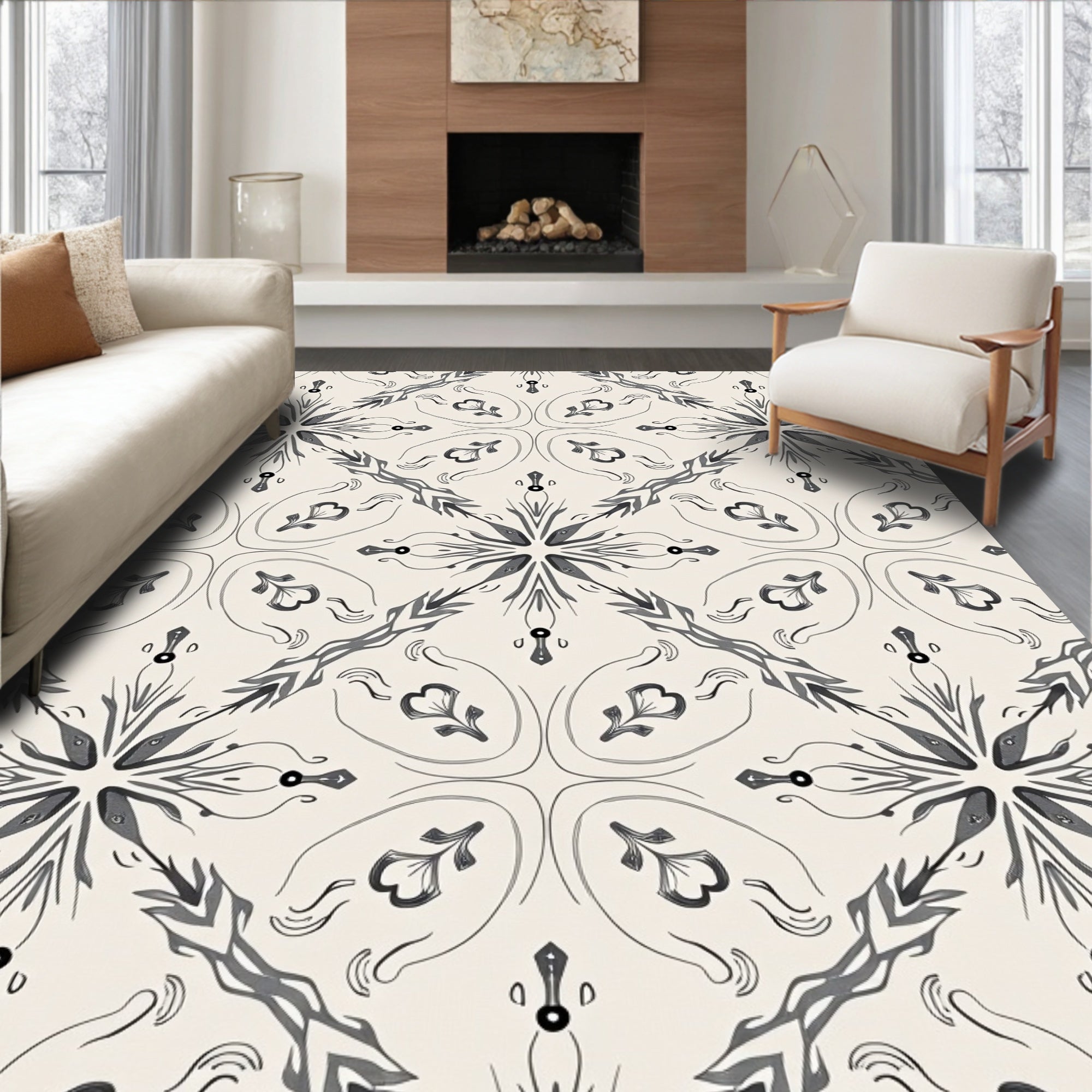 Elegant Gray Floral Starburst Pattern Rug